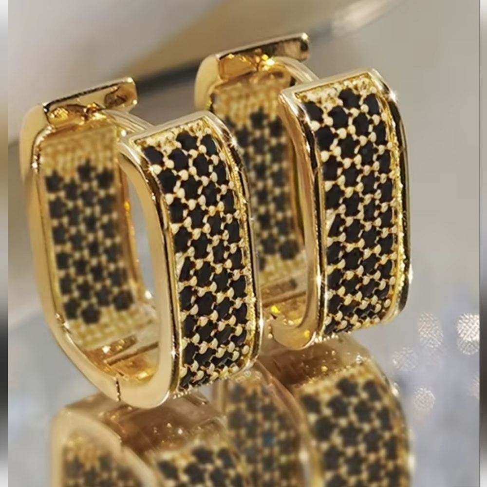 #24 Full Drilled Square Gold Hoops Set W/black Zirconia Copper In&out Stones